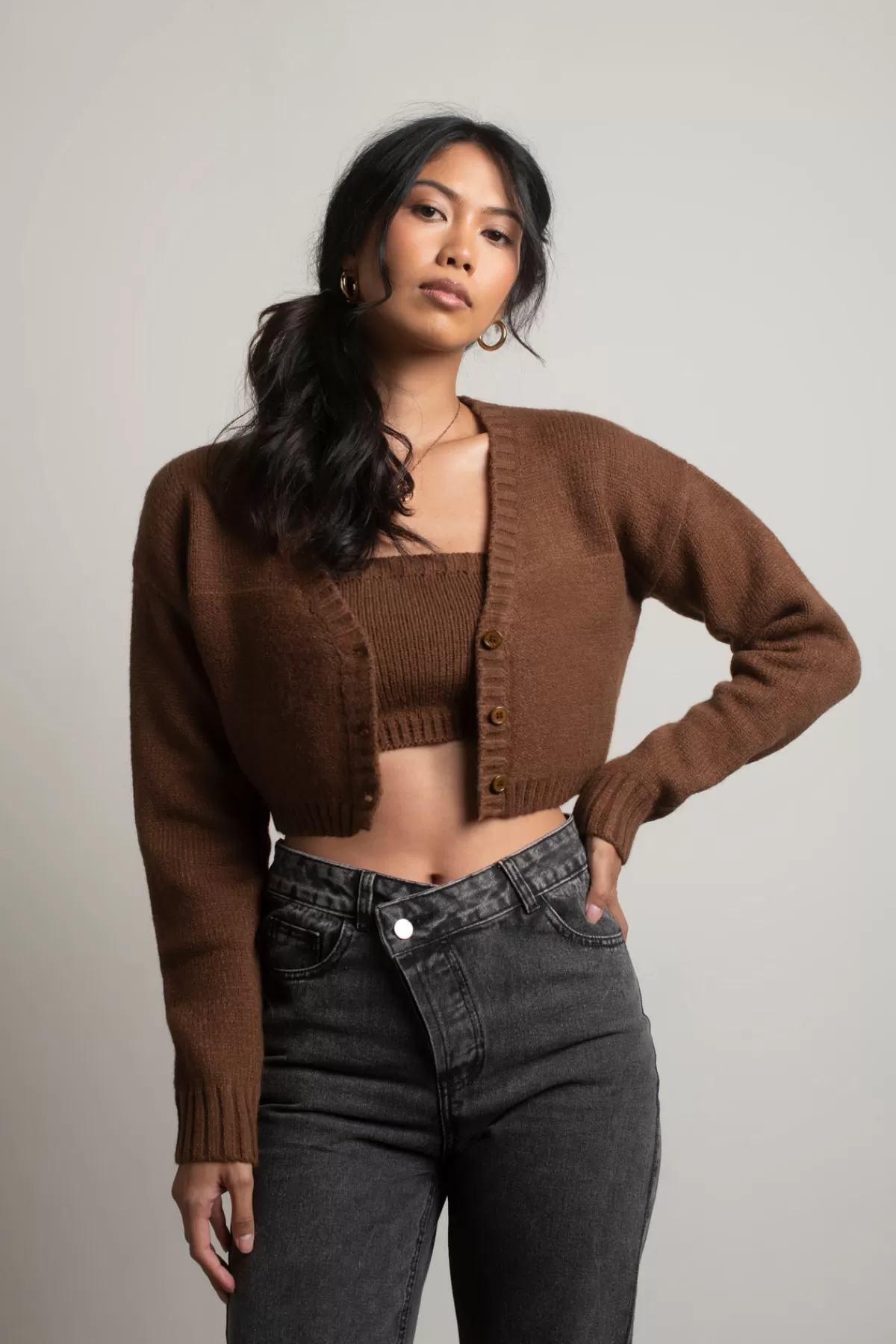 Tobi Sofie Knit Crop Top And Cardigan Set - Sage* Holiday Gift Guide | Long Sleeve Tops