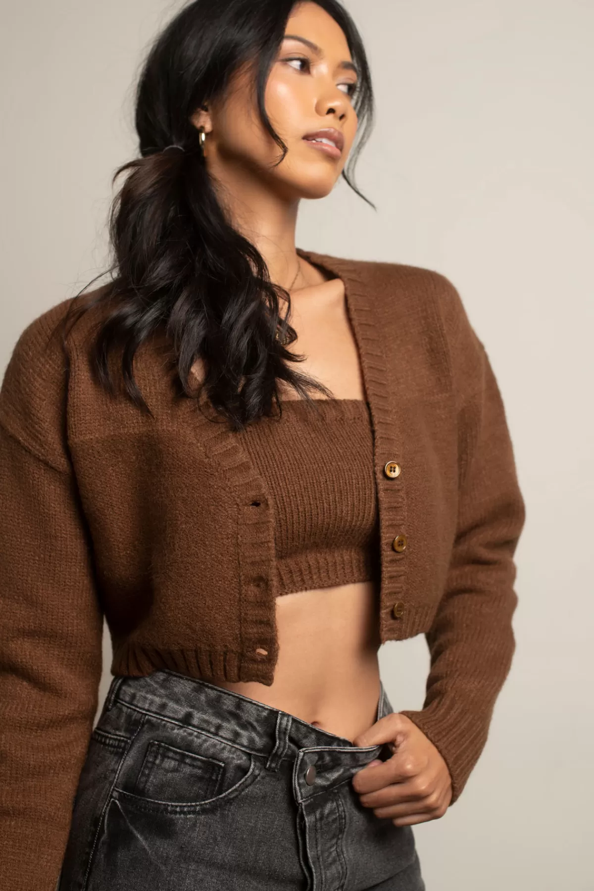 Tobi Sofie Knit Crop Top And Cardigan Set - Sage* Holiday Gift Guide | Long Sleeve Tops