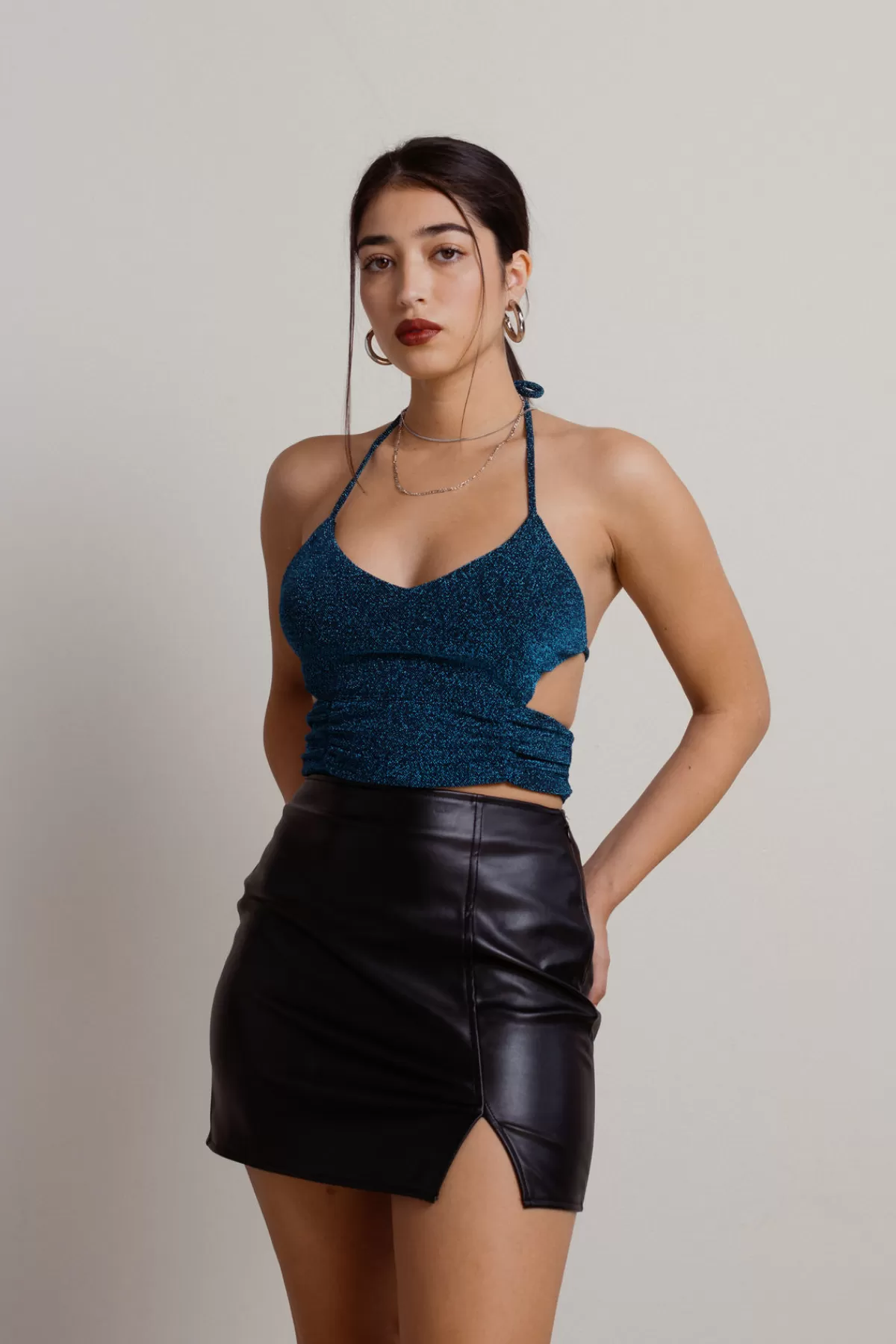 Tobi Sparkle And Glow Crop Top - Black-Teal* New Years Eve Outfits | Going Out Tops