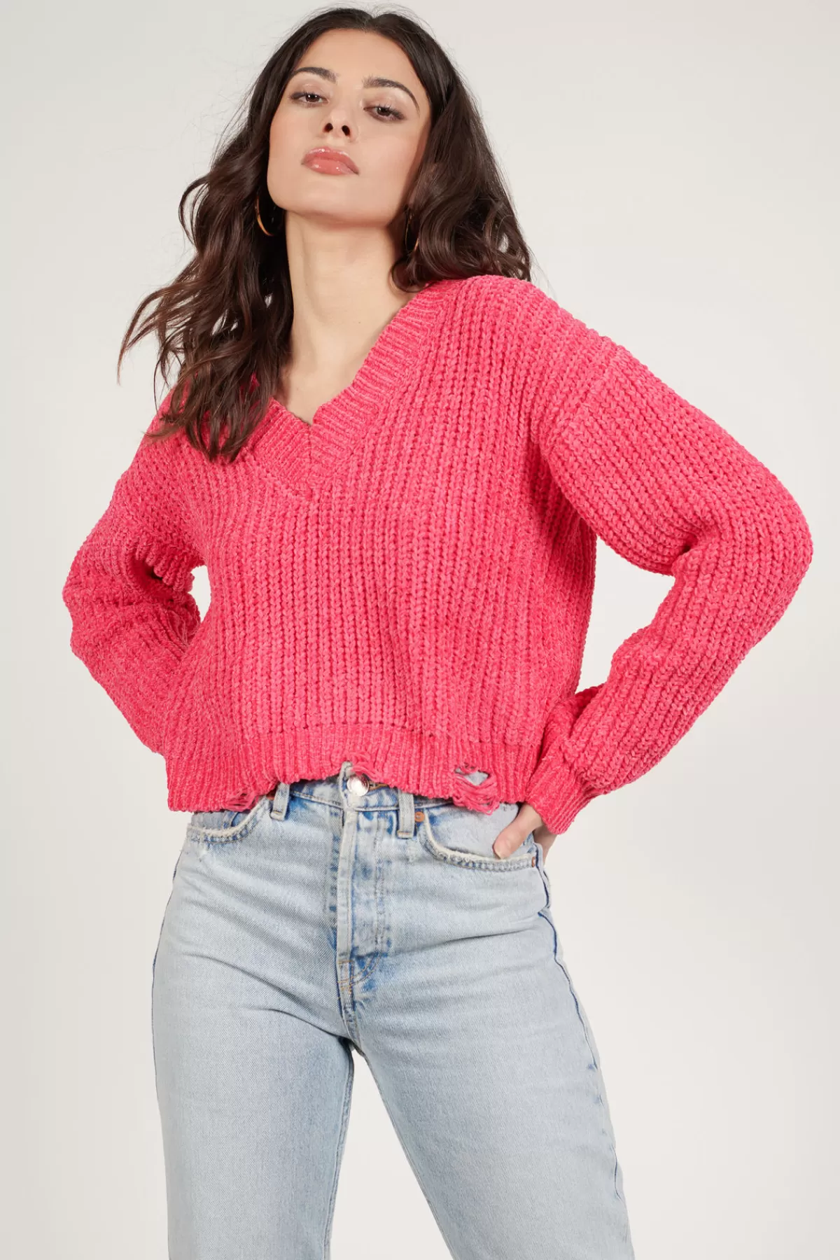 Tobi Tori Distressed Sweater - Hot Pink* Airport & Travel Outfits | Pink Tops